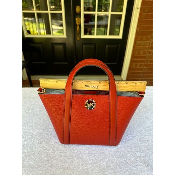 Michael Kors Bright Terracotta Hadleigh Small Double Handle Tote Messenger Bag - Picture 11 of 15